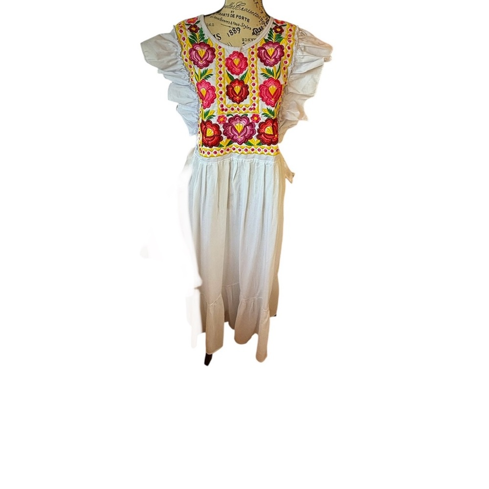 White dress, embroidered dress, floral embroidery, floral dress, women’s dress